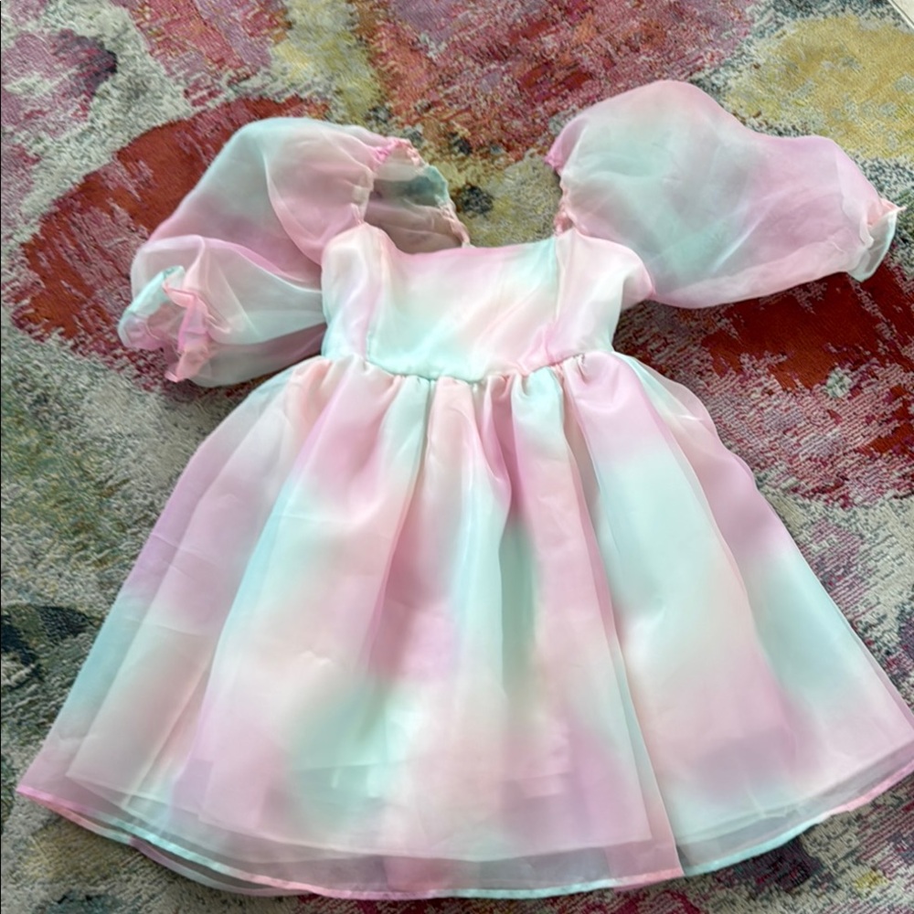 Pastel Pink and Green Puff Sleeve Dress
